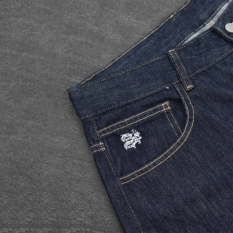 White Chinese Character Pattern Embroidery Pocket High Waist Loose Dark Straight Leg Jeans Y2K Retro Casual Streetwear