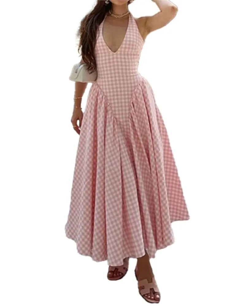 Elegant V-Neck Pleated Long Dresses High Waist French Style V-neck Backless Lace-up Vacation Vestidos