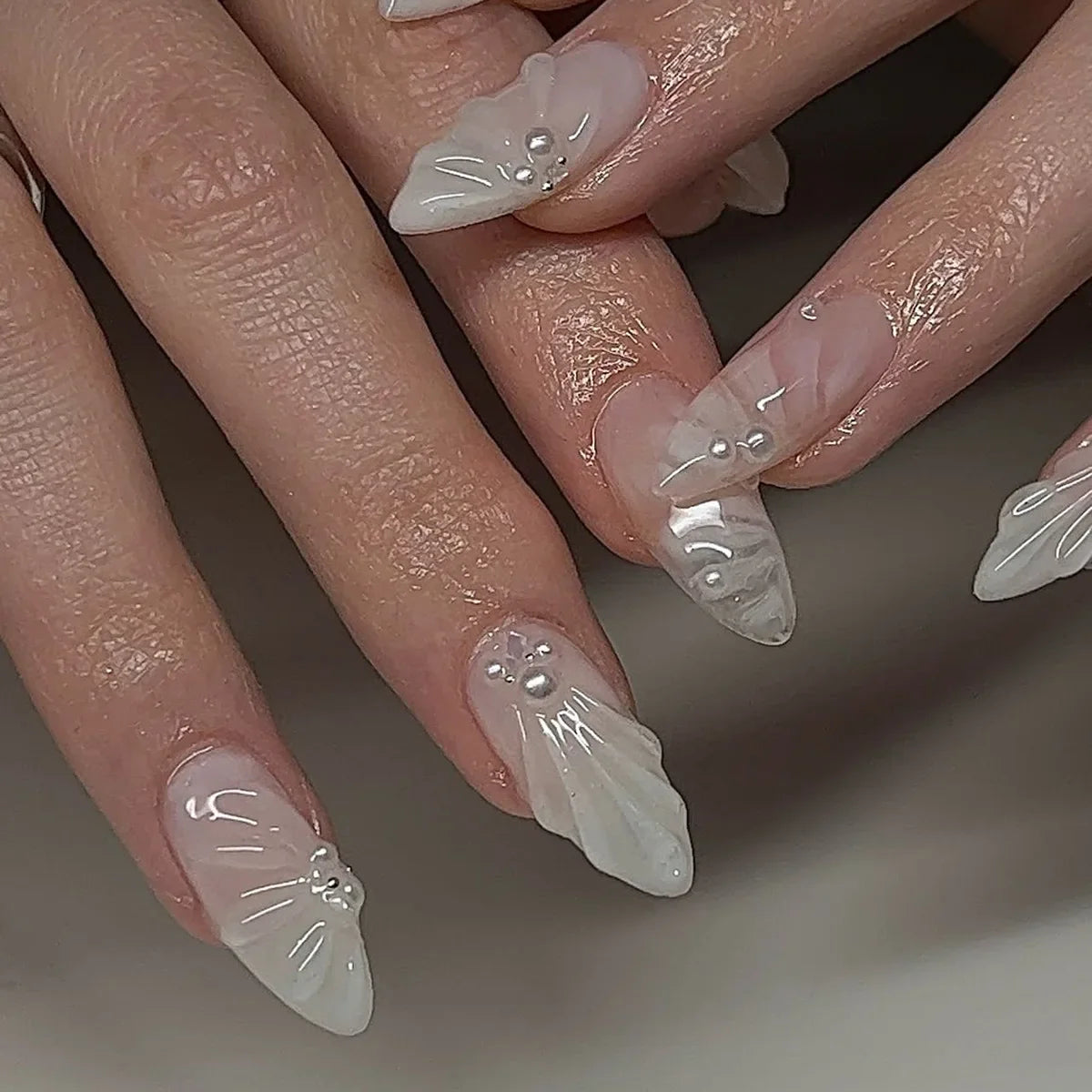 Blue White French 3D Flower Shell Nail Art Beach Almond False Nails Detachable Finished Fake Nails Press on Nails