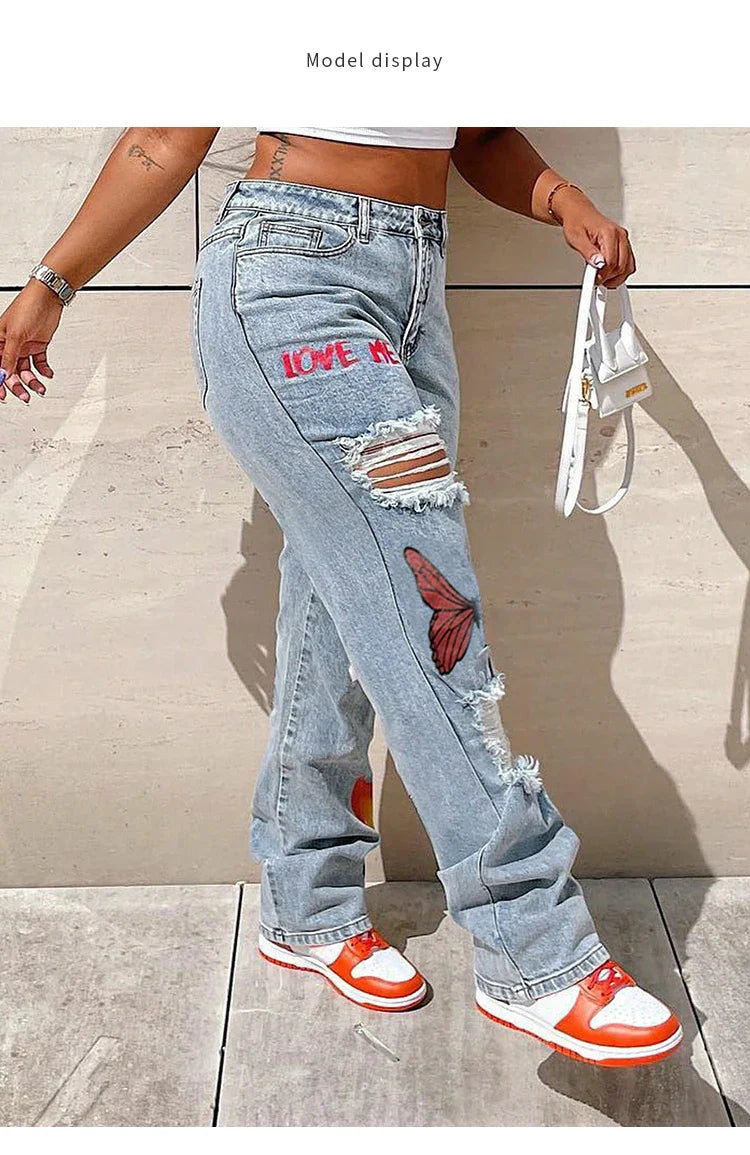 Design Clothing Denim Pants Butterfly Print Ripped Straight Trousers High Waist Slim Jeans Long Pants YYZZ9260
