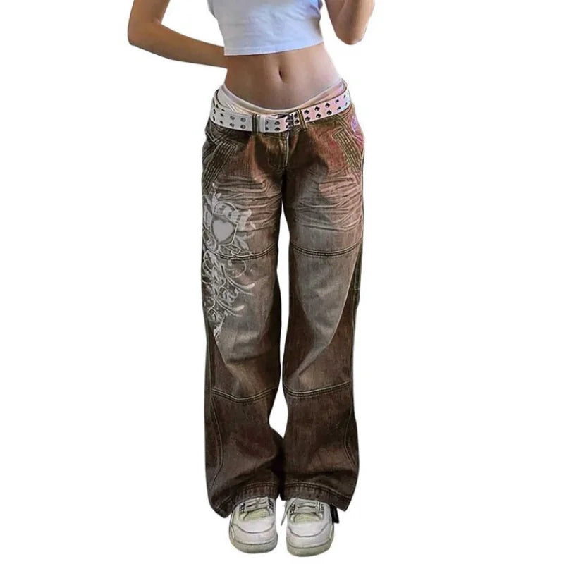 Street style clothing, irregular printed loose pants, low waisted pleated washed distressed multicolored jeans