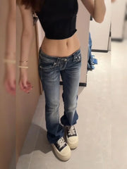 Y2K Gothic Embroidery Diamonds Denim Pants Harajuku Retro Hip Hop Low Waist Jeans Girl Casual Straight Jeans