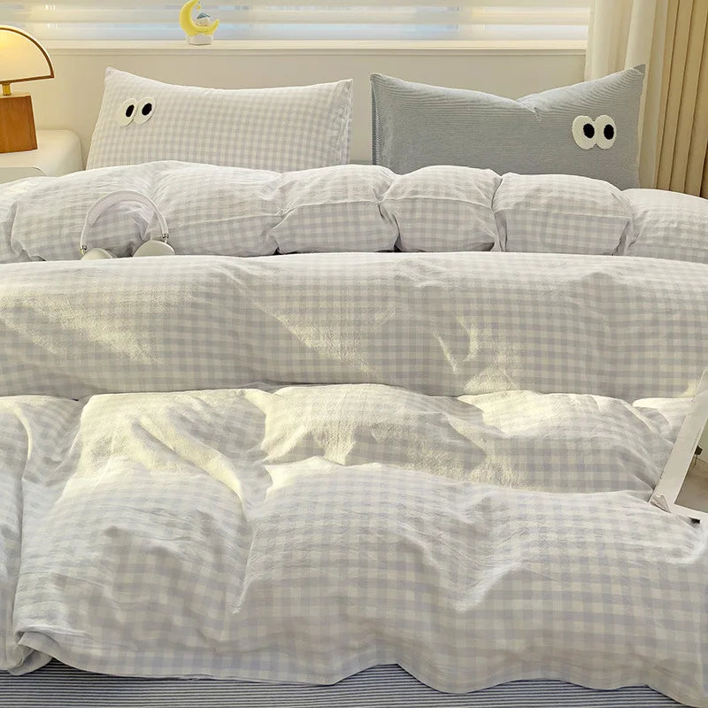 Small Fresh Cream Style Striped Simple Embroidery Big Eyes Four-piece Bed Sheet Quilt Cover Bed Sheet Dormitory Three-piece Set