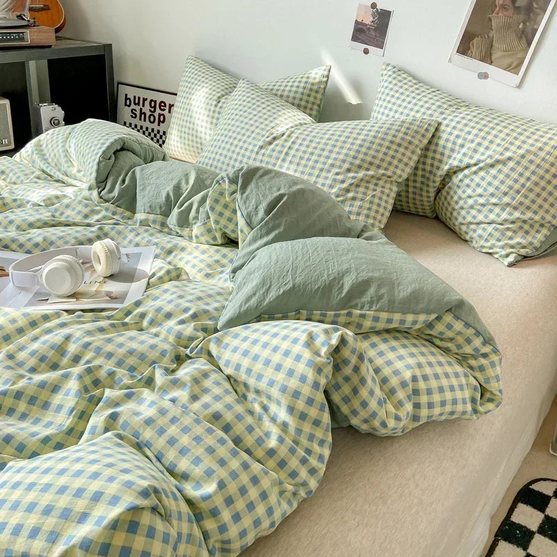 Japanese Style Check Queen Quilt Cover Set 1/3 Pcs Soft Washed Duvet Cover