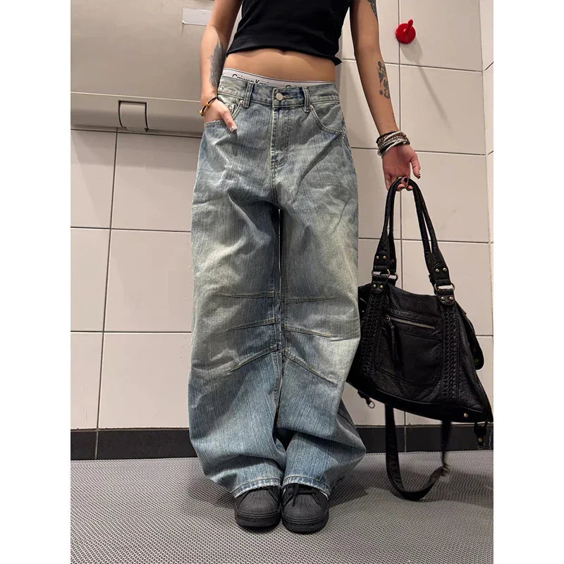 Korean Vintage Y2K 2000s Blue Washed Jeans Loose High Waisted Straight Leg Pants Clothing