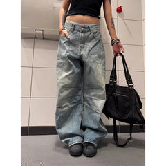 Korean Vintage Y2K 2000s Blue Washed Jeans Loose High Waisted Straight Leg Pants Clothing