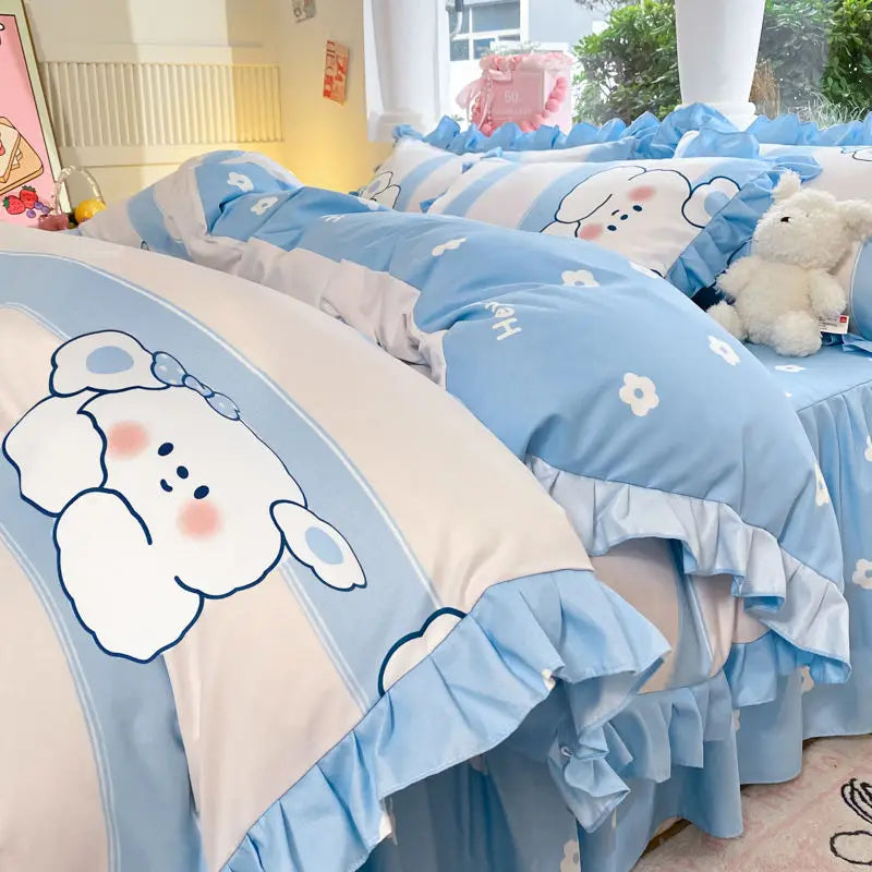 Cartoon Washed Cotton Bed Sheet Four-piece Set Non-cotton Thickened Brushed Quilt Cover Bed Skirt Style Princess Style Bedroom