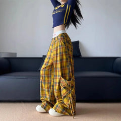 American Style Streetwear Large Pocket Red Plaid Work Casual Pants Loose-Fit Wide-Leg Drag Pants