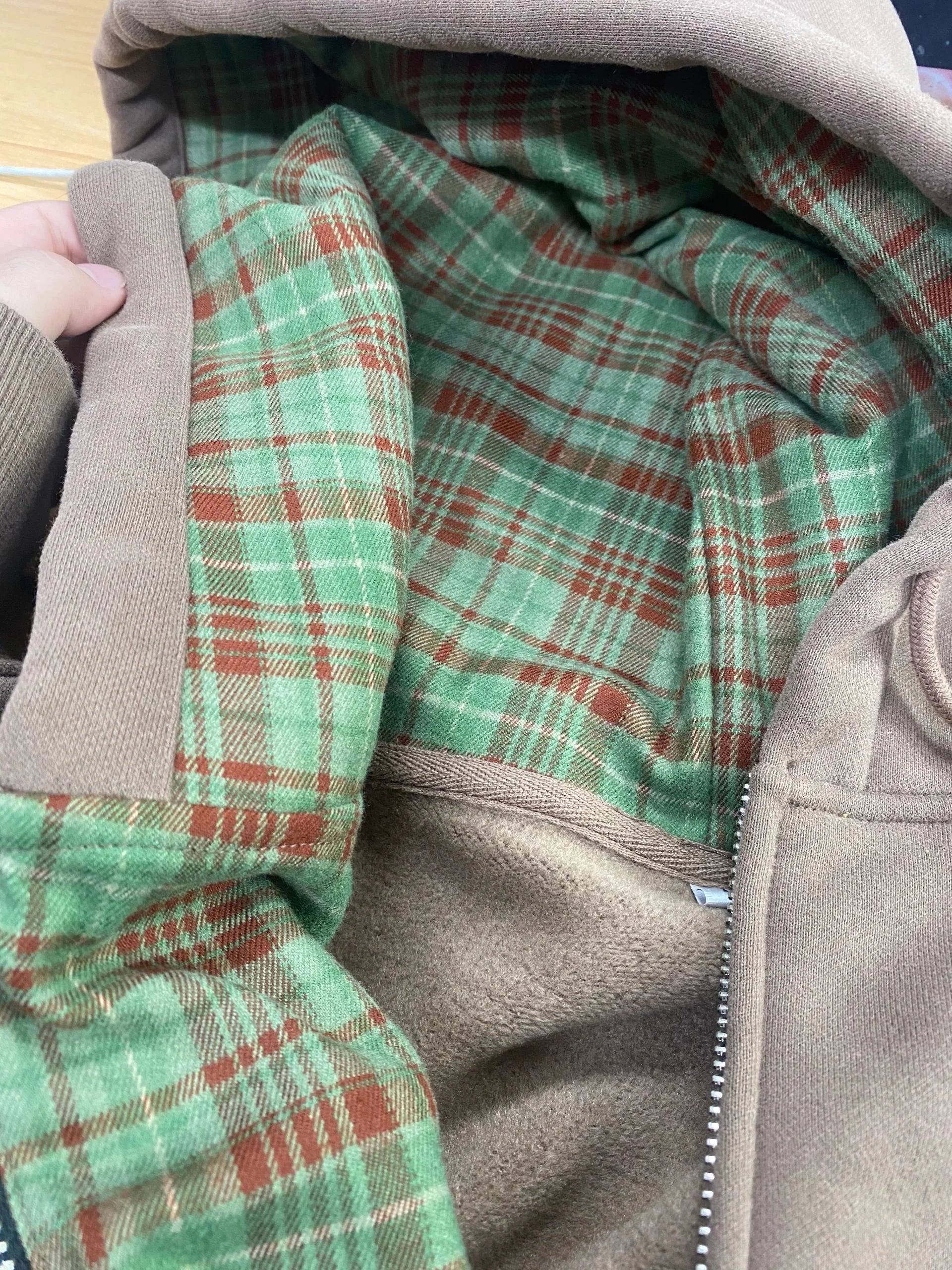 American Retro Brown Checkered Hooded Sweatshirt Casual Cardigan Jacket Trendy Long Sleeved Loose Outwear
