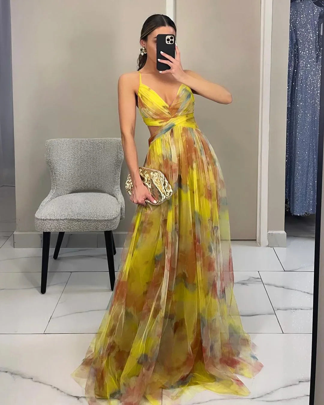 Elegant Print Pleated Mesh Evening Dress Off Shoulder Ins Vacation Long Dress V Neck High Waist Backless Sling Dress