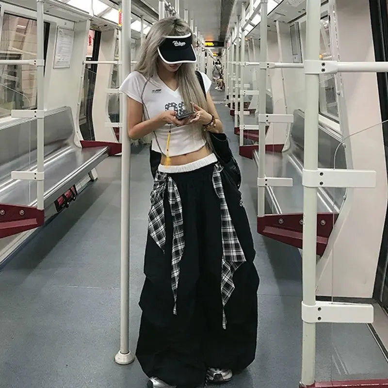 Y2K Black Cargo Pants Streetwear Plaid Patchwork Baggy Sweatpants Harajuku Wide Leg Joggers Korean Casual Trousers