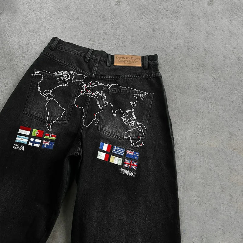 Y2K Washed Loose Jeans Vintage World Map Embroidery Multi Country Flag Patch Wide Leg Jeans Casual Streetwear