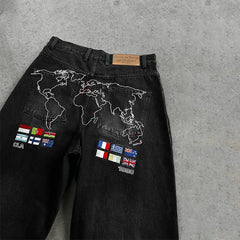 Y2K Washed Loose Jeans Vintage World Map Embroidery Multi Country Flag Patch Wide Leg Jeans Casual Streetwear