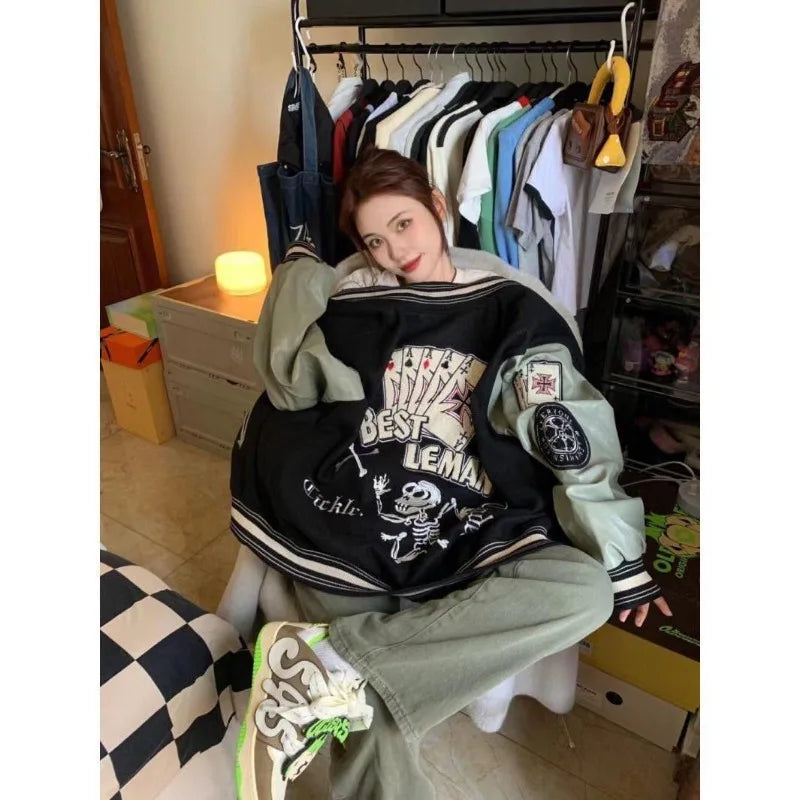 American Retro Letter Flocking Splicing Jacket Y2K High Street Hip-hop Loose Tooling Baseball Uniform Jacket