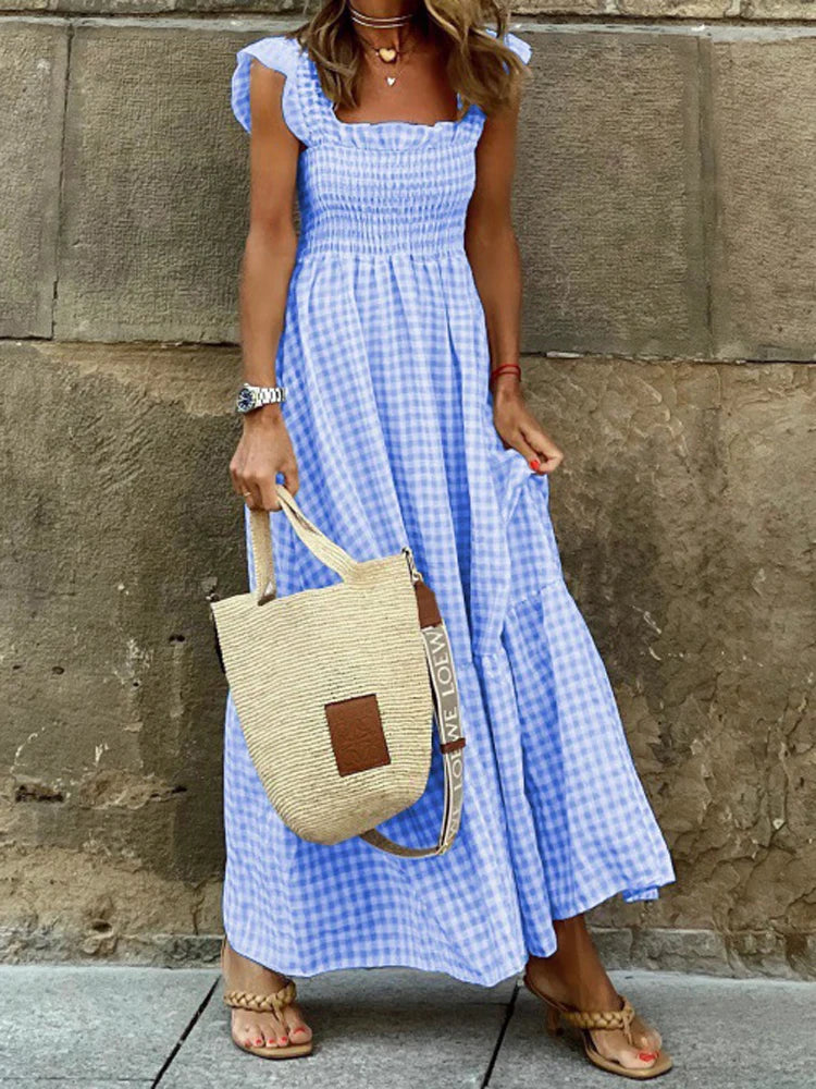 Elegant Plaid Slip Maxi Long Dress Strapless Ruffle Backless Pleated Elastic Waist Boho Party Swing Loose Dresses
