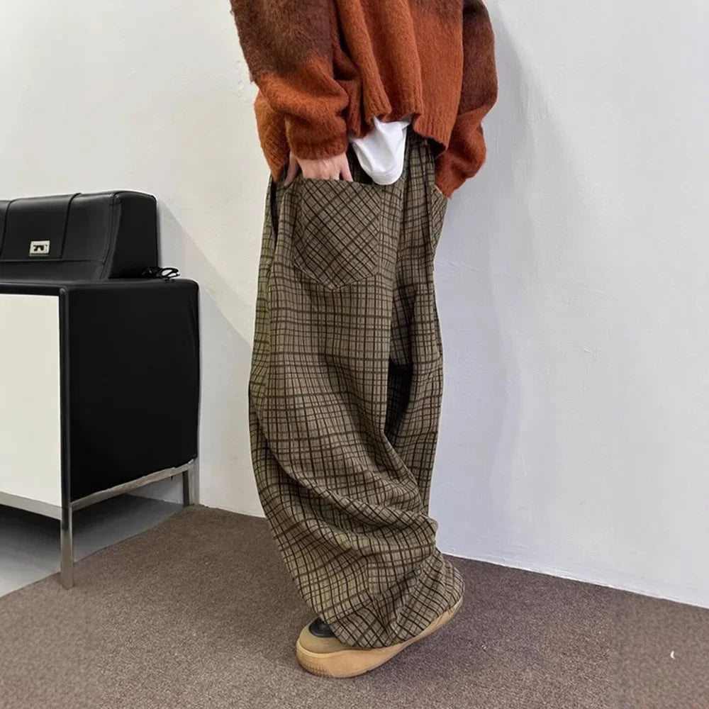 Loose Wide Leg Casual Pants Vintage Japanese Style Plaid Loose Trousers Drapey Floor-Length