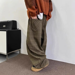 Loose Wide Leg Casual Pants Vintage Japanese Style Plaid Loose Trousers Drapey Floor-Length