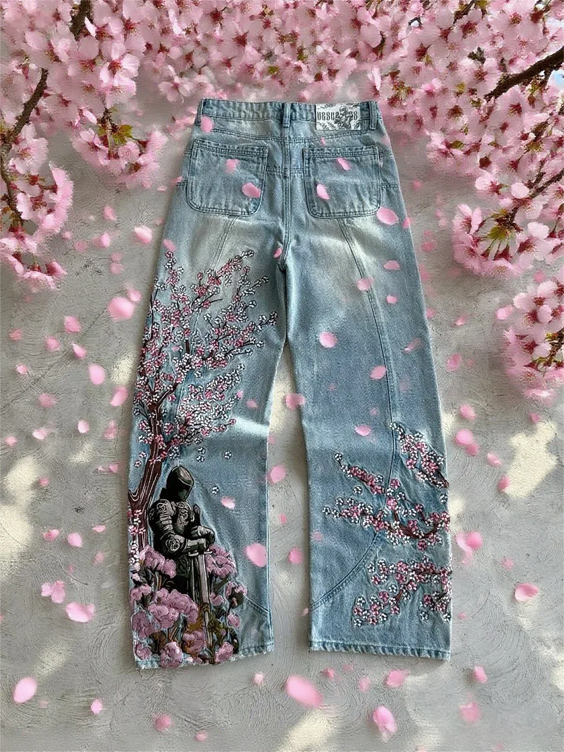 Vintage Cherry Blossom Black Knight Embroidery Jeans Y2k Retro Baggy Straight Denim Pants Blue Wash Jean Clothing Streetwear
