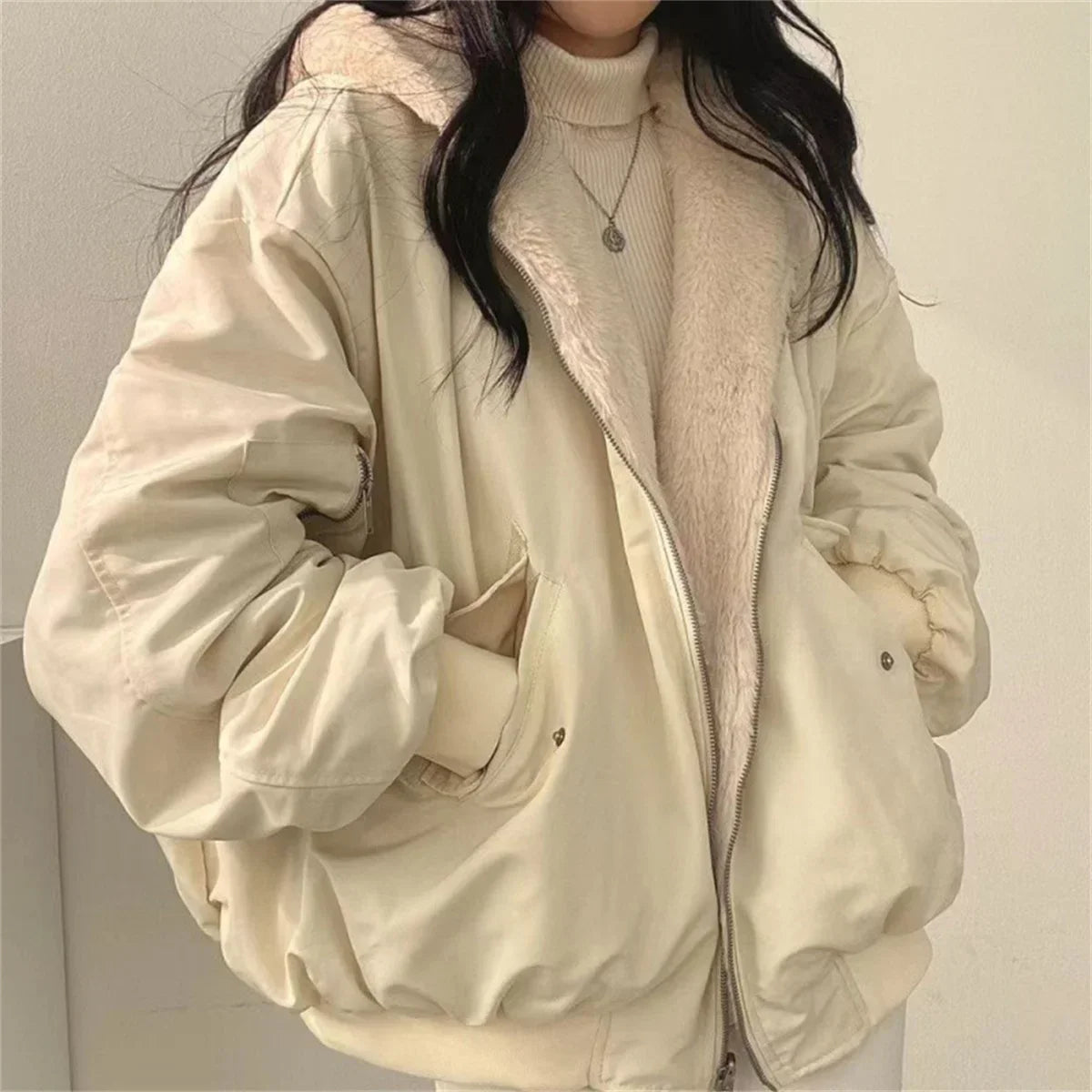Both Sides Thicken Coat Zipper Hooded Jacket Oversized Elegant Solid Warm Coats Casual Ladies Outerwear