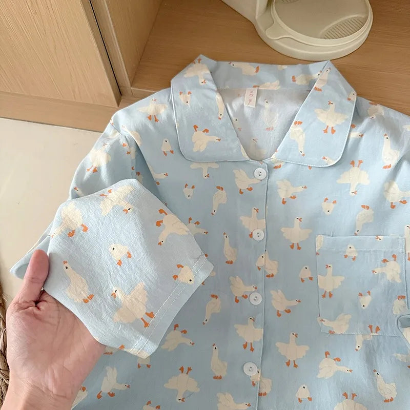 Sweet Cute Goose Print Korean Pajamas Nightwear Kawaii Casual Lapel Neck Y2K Pajamas Set Loungewear