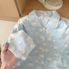 Sweet Cute Goose Print Korean Pajamas Nightwear Kawaii Casual Lapel Neck Y2K Pajamas Set Loungewear