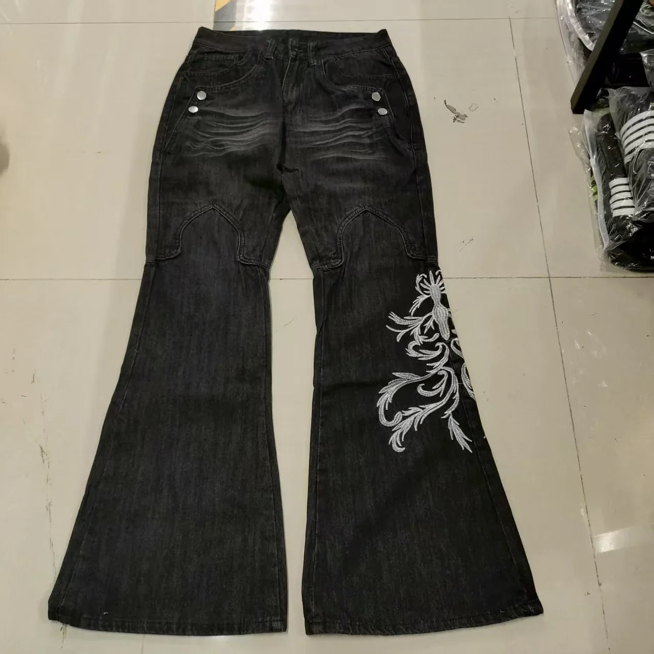 High Waist Harajuku Loose Embroidered Jeans with Rock Punk Style Y2K Micro La Retro Wide Leg Pants