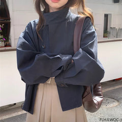 Korea Short Outerwear Casual Loose Lazy Chic Long Sleeve Cotton Blends Windbreaker Coats Thin Thench