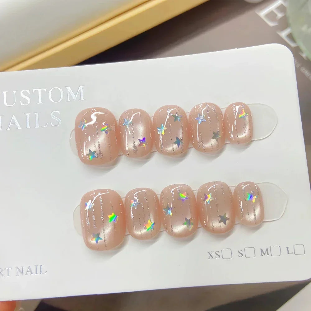 Beauty Colorful Short Square Round Detachable Manicure Kawaii Cat Eyes Glitter Sequins Rhinestone Handmade Full Cover Nail Tips