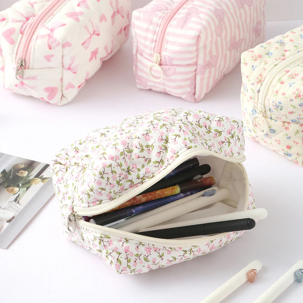 1 pc exquisite bowknot single-layer pencil case, floral pattern design storage bag, a must-have