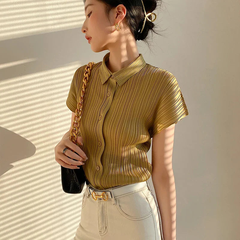 Miyake Pleated Cardigan Single Breasted Short Sleeve Polo Shirt Korean Causal Comfortable Clothing