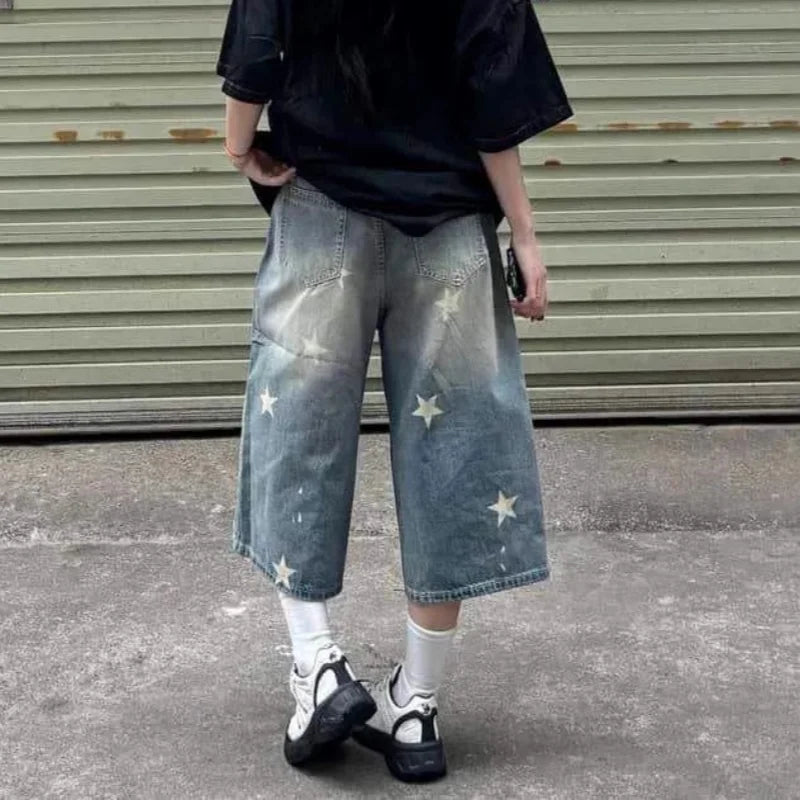 Retro Vintage Loose Wide Leg Jeans Star Print Y2K Harajuku Denim Shorts Casual Streetwear High Waist Washed Pants