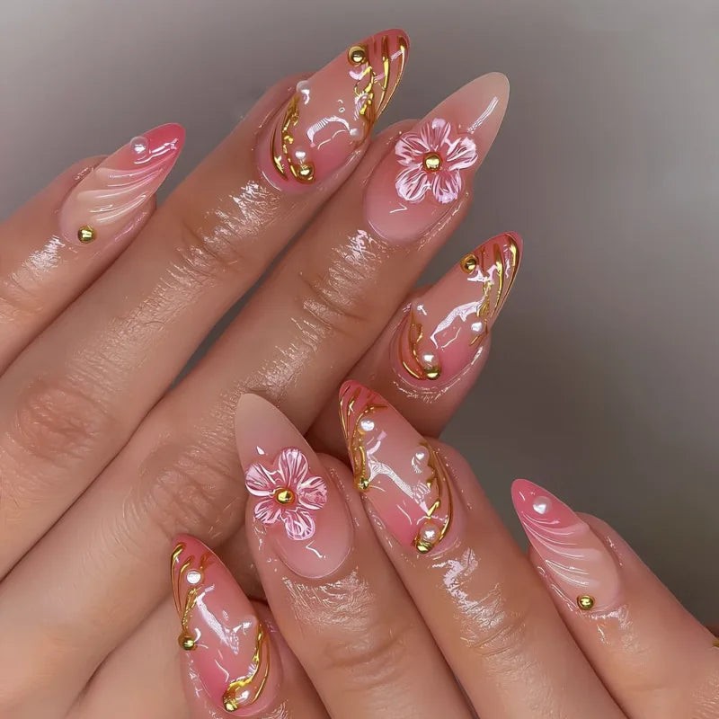 Blue White French 3D Flower Shell Nail Art Beach Almond False Nails Detachable Finished Fake Nails Press on Nails