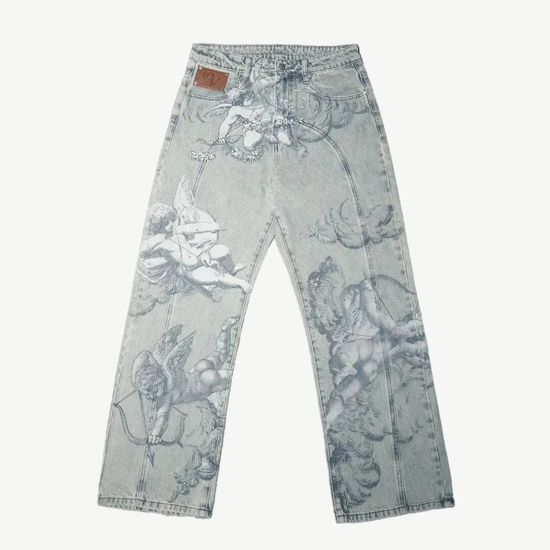 Y2k Retro Baggy Jeans Trendy Cupid Angel Pattern Pants American Hip Hop Streetwear Unisex Casual Straight Leg Jeans