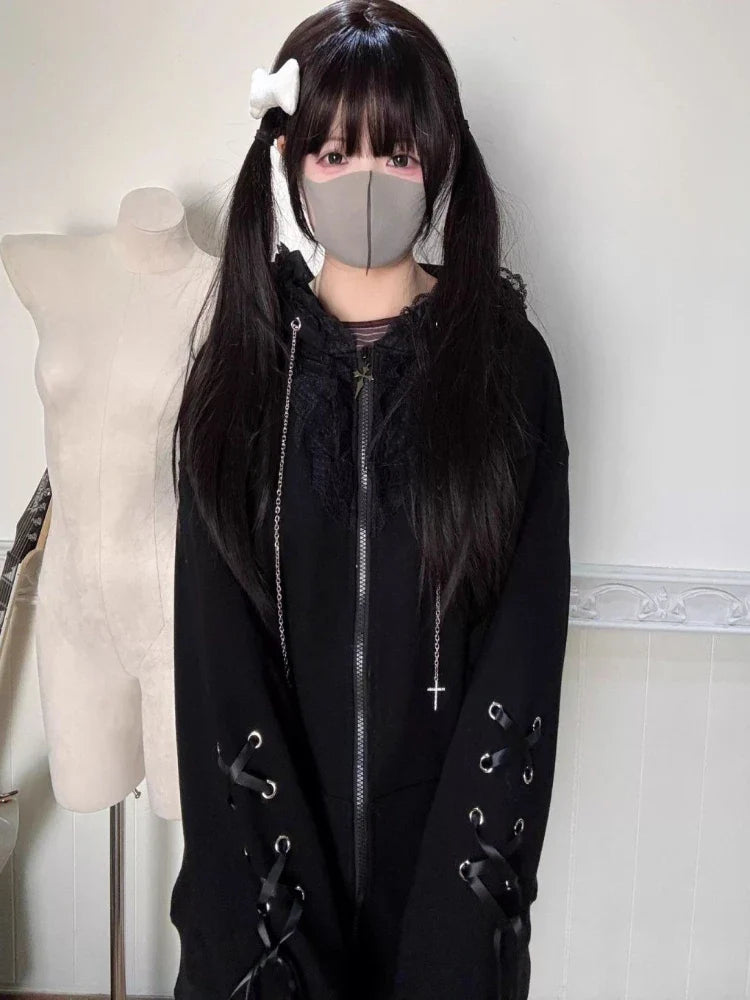 Gothic Subculture Black Lace Loose Hoodie Lovely Long Sleeve Hooded Coat Casual Warm Overcoat