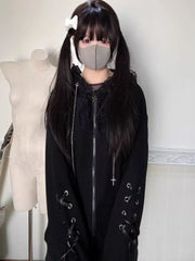 Gothic Subculture Black Lace Loose Hoodie Lovely Long Sleeve Hooded Coat Casual Warm Overcoat