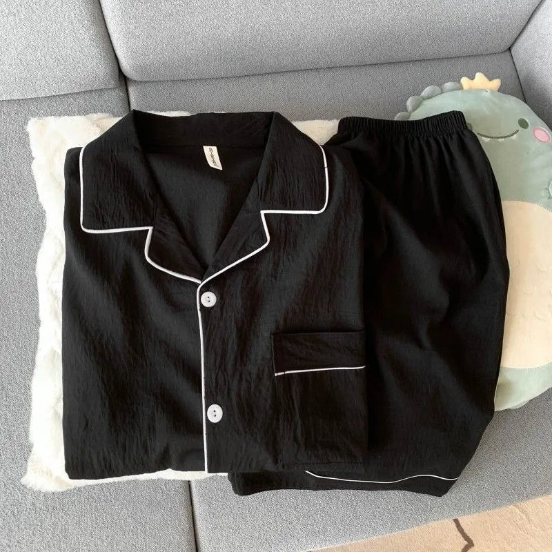 Luxury Pajama Set Solid Color Short Sleeve Lapel Top