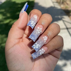 24pcs Y2k Sea Blue Gradient Fake Nails With Water Ripples Designs Long Square Coffin False Nails Set Press On Nail Tips