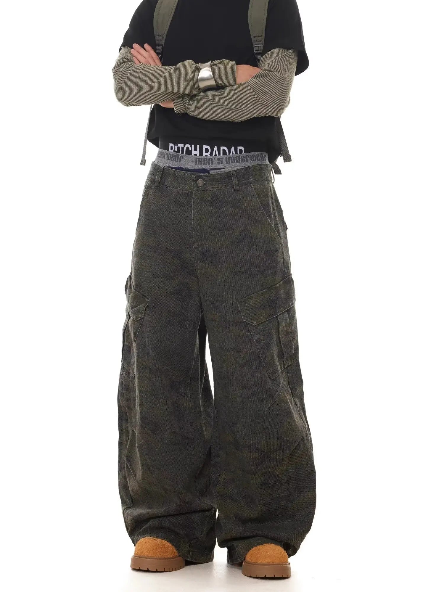 Relaxed Wide-Leg Scissor-Cut Casual Pants American Vintage Multi-Pocket Camouflage Silhouette Curved-Leg Jeans