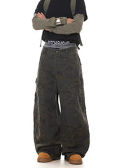 Relaxed Wide-Leg Scissor-Cut Casual Pants American Vintage Multi-Pocket Camouflage Silhouette Curved-Leg Jeans