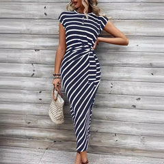 Elegant Waist Tie Striped Round Neck Short Sleeves Long Dress High-End Feel Clothing Skirt
