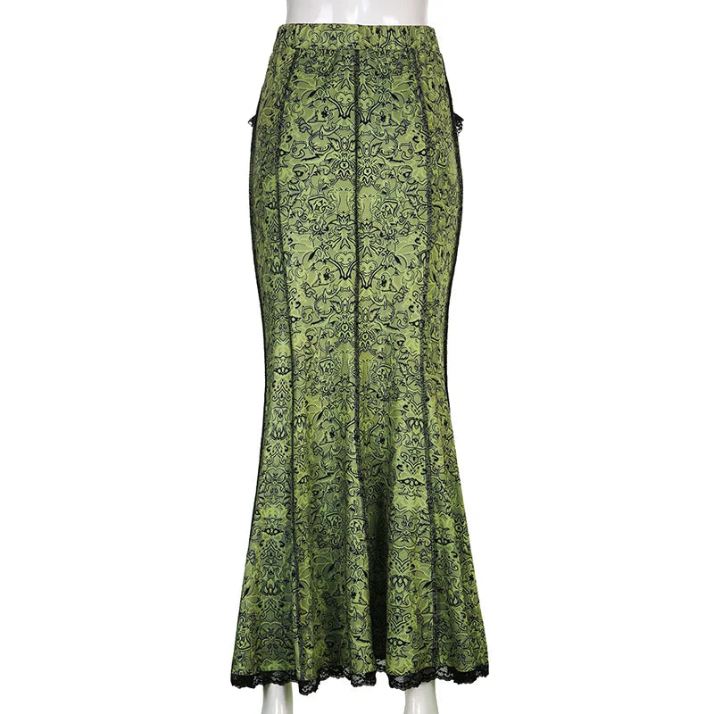 Vintage Elegant Green Trumpet Long Skirt Graphic Printed Lace Trim Y2K High Waist Skirt 2000s Aesthetic