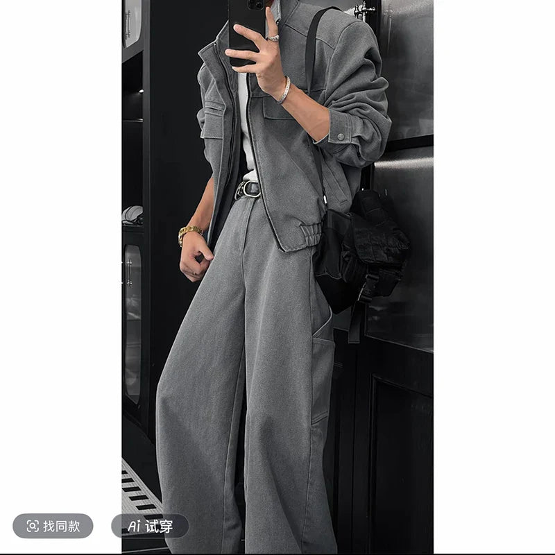 Unisex Stand Collar Short Jacket Loose Wide Leg Pants Set Trendy Casual Streetwear Oversized Urban