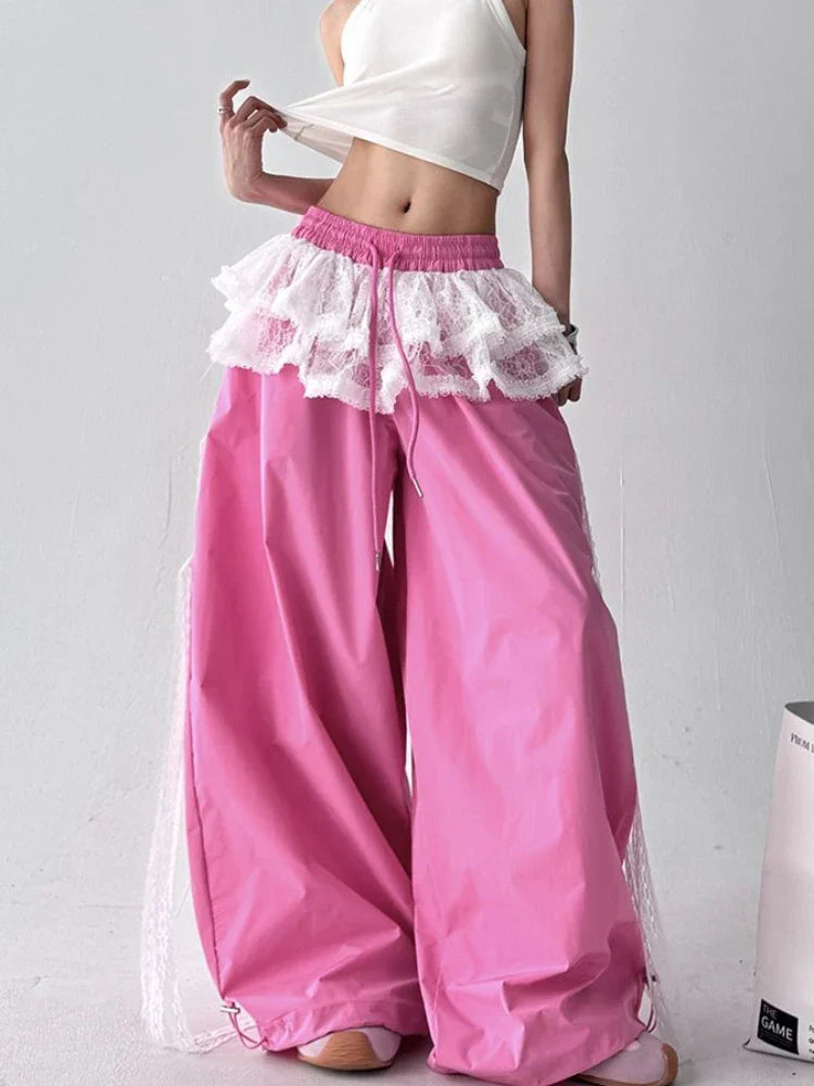 American retro trend patchwork lace skirt casual wide leg pants Y2K millennium pants emo