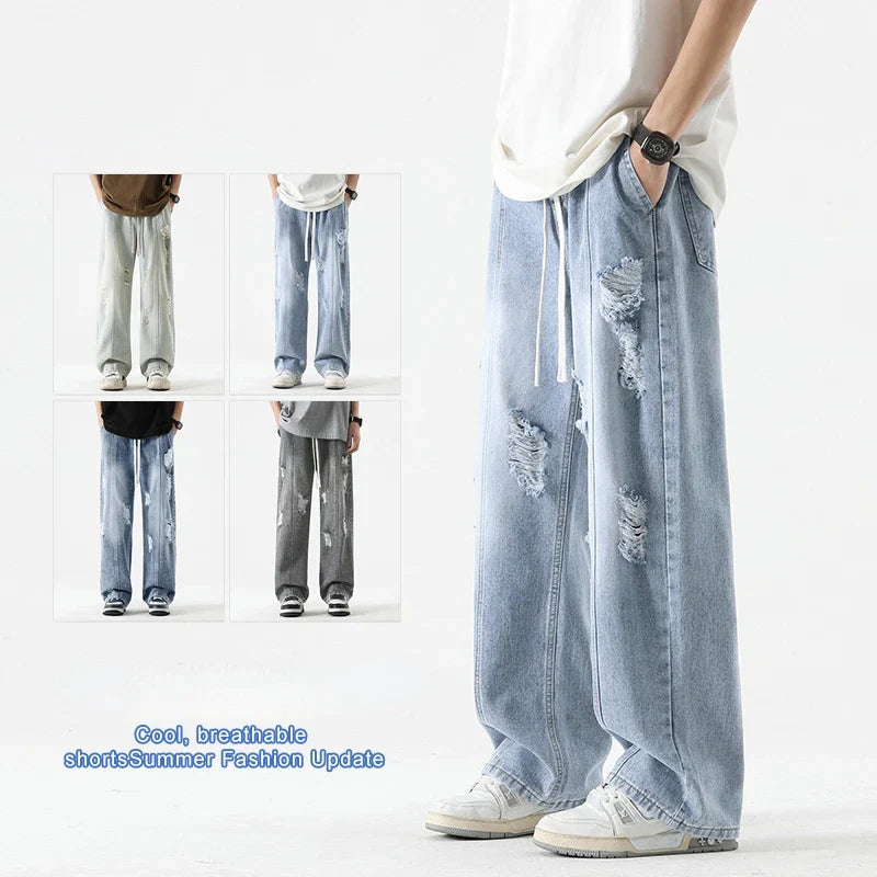 Ripped Jeans Loose Straight Leg Retro Draw Rope Port Brand All-match Casual Pants