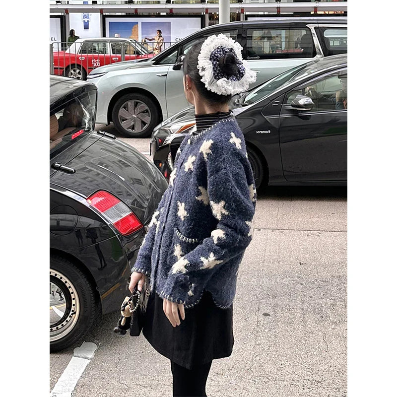 Vintage Star Knitted Cardigan Harajuku Print Sweater Outerwears Korean Long Sleeve Knitwears Ladies Casual Jumpers