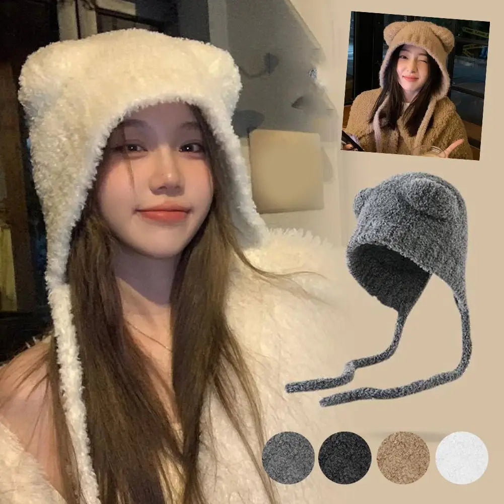 Plush Beanies Cute Bear Ear Wool Hat Warm Lace-up Gorros Knitting Cap Bonnets Protection Bomber Korea Ear Knit X4L2