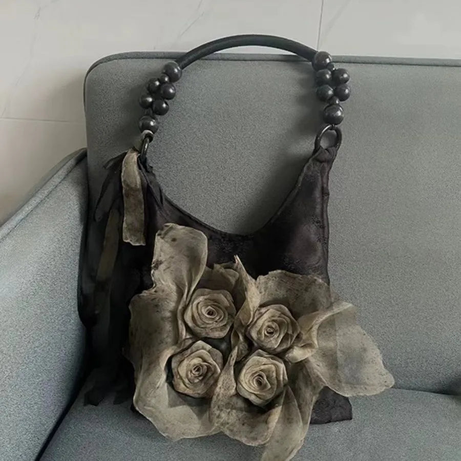 Chinese Style Rose Decor Shoulder Bags Commuter Tote Bags Classic Pleated Handbags Underarm Bags
