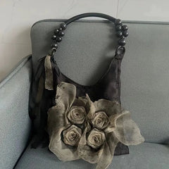 Chinese Style Rose Decor Shoulder Bags Commuter Tote Bags Classic Pleated Handbags Underarm Bags