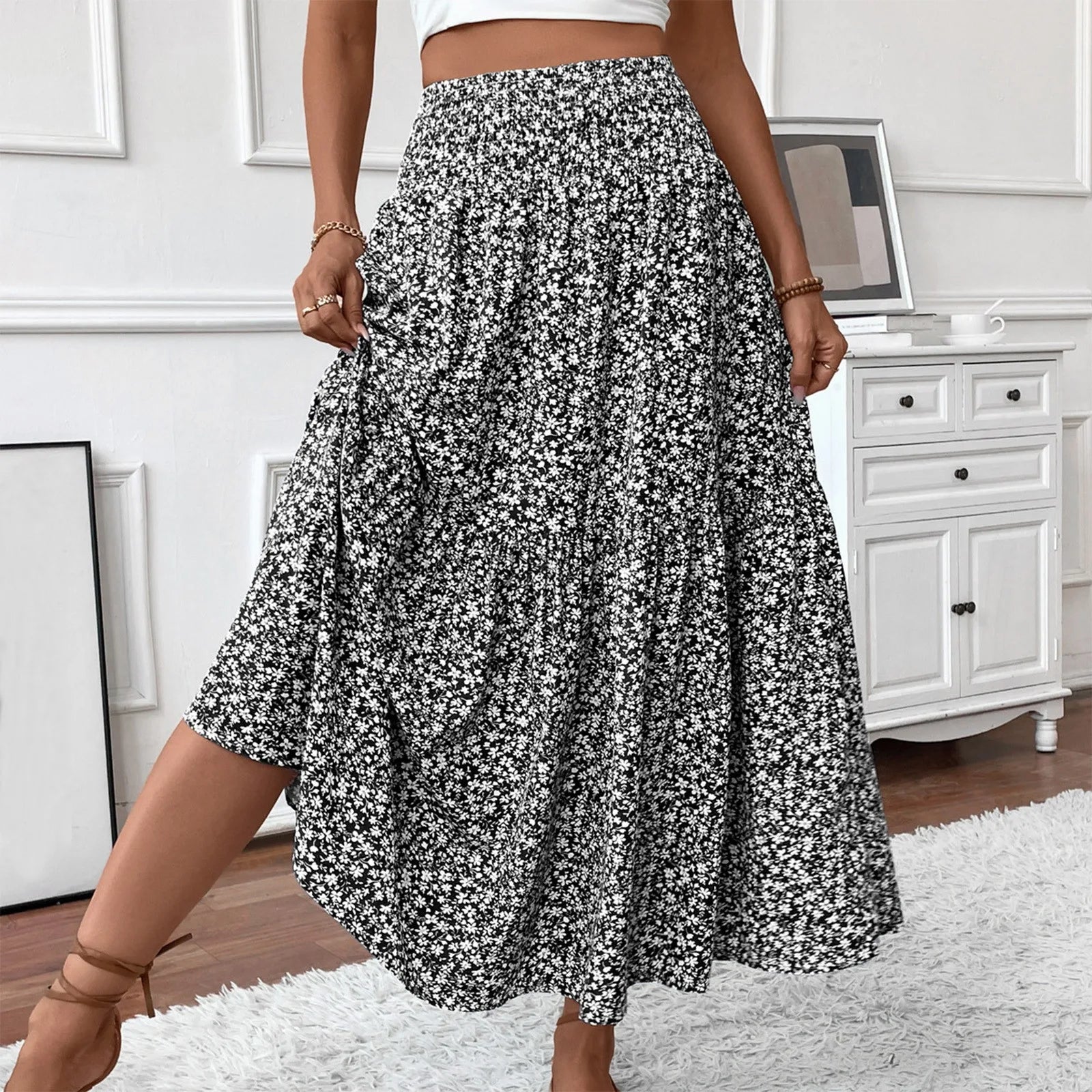 Pleated Floral Print Elastic Waist Loose Splicing A Line Skirt Skirts