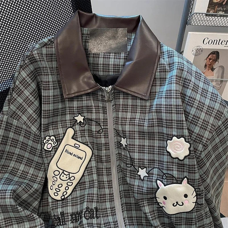 American Sweet Plaid Patchwork Jacket Long Sleeve Fall Zip Loose Coat Harajuku Y2K Casual Lazy Kawaii Street Top